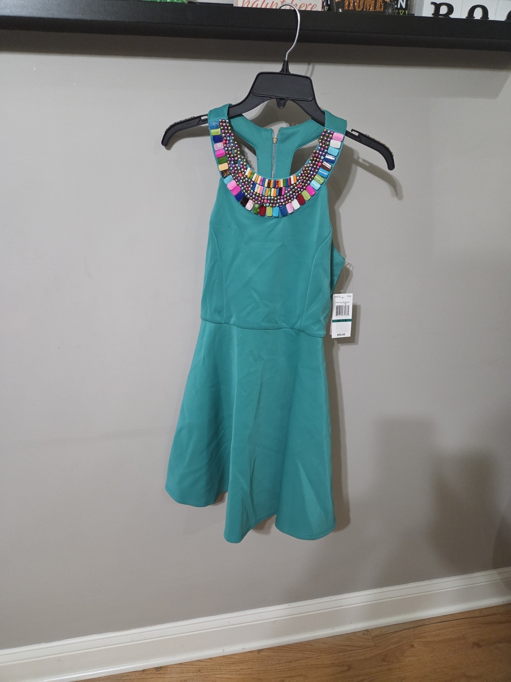 GB girls Teal Fit & Flare Dress with Multicolor Beaded Neckline